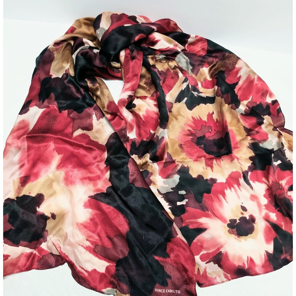 Vince Camuto Floral Oblong Silk Scarf 17" X 73" Red Black Colorful Boho Chic